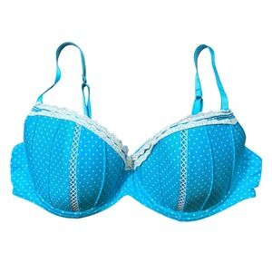 Y2K Turquoise Blue Polka Dot Lace Trim Push Up Bra Mermaid Shell Style Lingerie